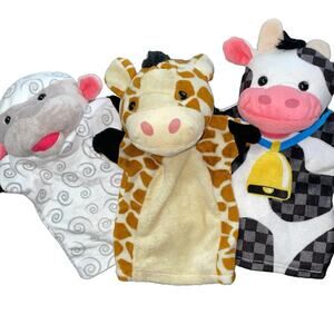 Melissa & Doug Hand Puppets x3 Plush Lamb Giraffe Cow Play Farm Stuffed Animal